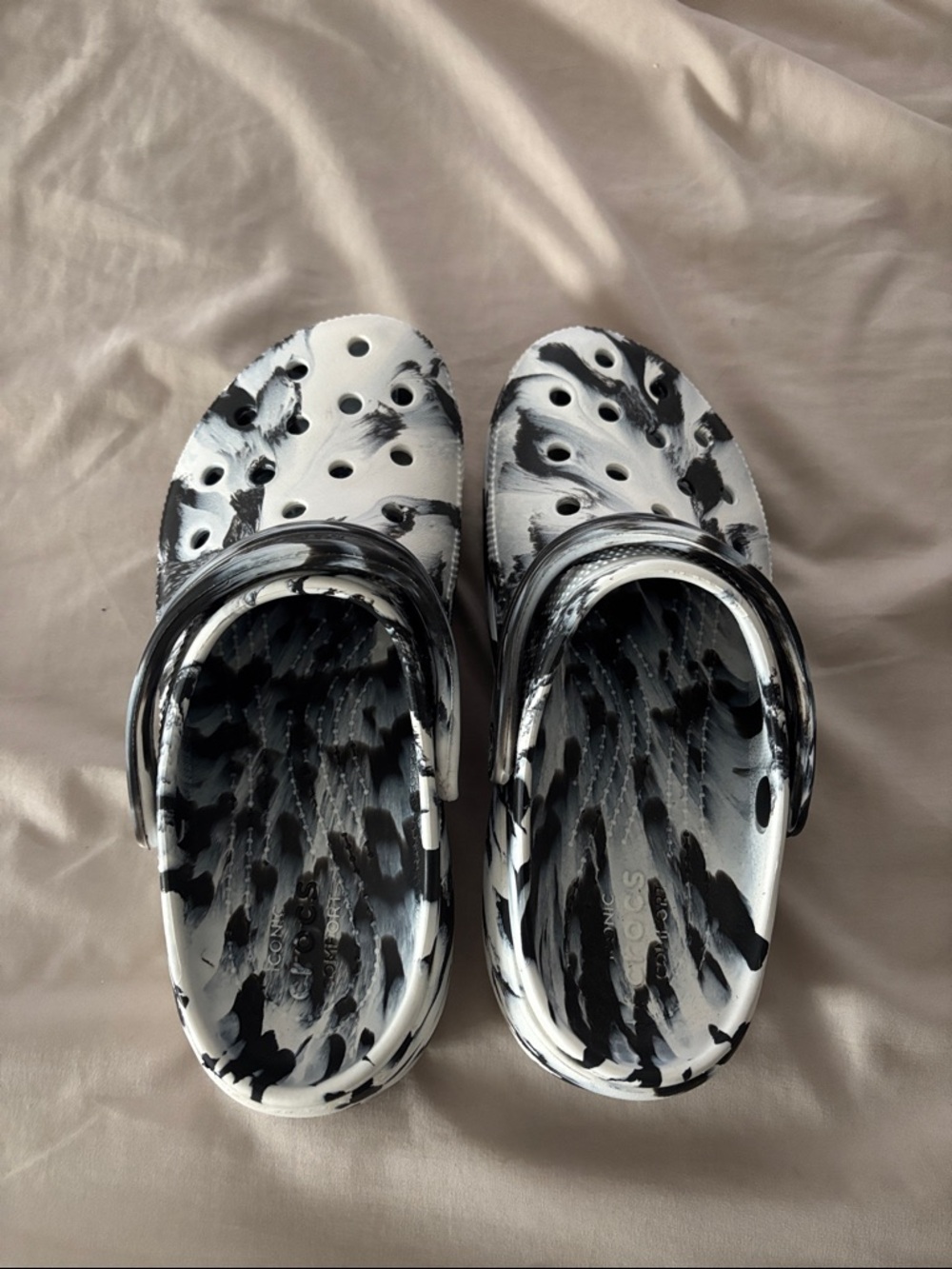 CROCS Classic Clog Sandals in Black and White Paint-Splatter
